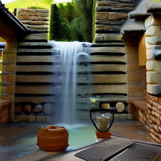 Patio con pileta y cascada en un pueblo rural