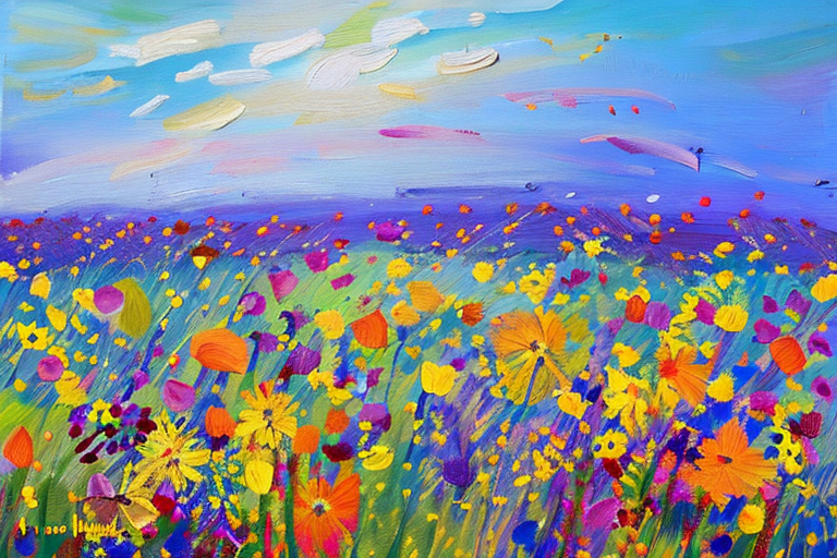 AI generated art representing "A vibrant painting depicting a field of wildflowers on a warm summer day. The colors are bright and cheerful, with shades of yellow, orange, pink, and purple. The composition is balanced, with the wildflowers spread throughout the canvas. The brushstrokes are loose and lively, creating a sense of movement and energy. The background is a light blue sky with a few fluffy white clouds, and the overall effect is joyful and uplifting. The painting is suitable for framing and would look great in any room of the house."