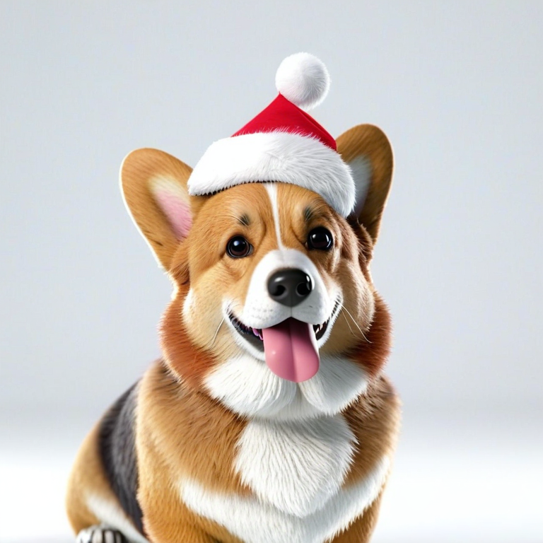 white background, front shot studio 3D render of corgi with santa hat, cinematic shot