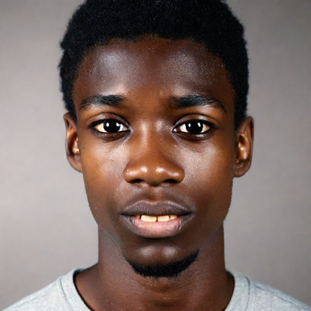 front shot, photo of Black male, skinny, approximately 5’8”, high school age 17 pimples, bigger nose, no eyebrows  l