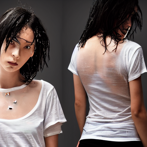 Full view of  Two-beautiful-female-model’s-rock-hard-pointy-chests, two-dark-circles-under-drenched-white-translucent-tee shirt-contest, see-through-shirt-, full view
