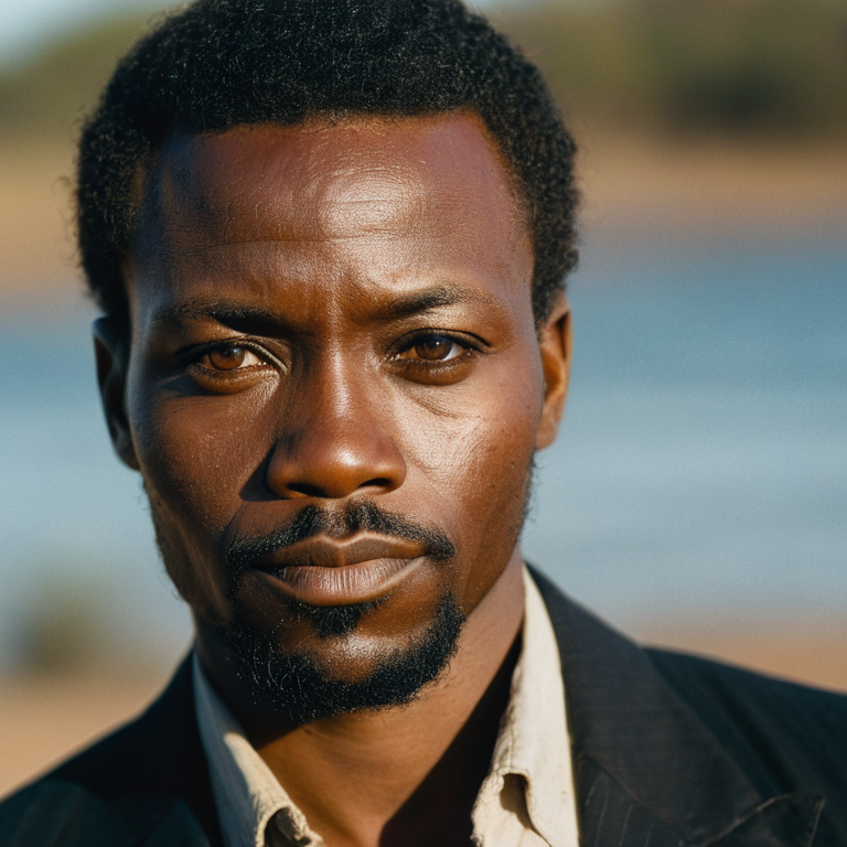 front shot, actor photo of a African  looks at viewer, cinematic shot