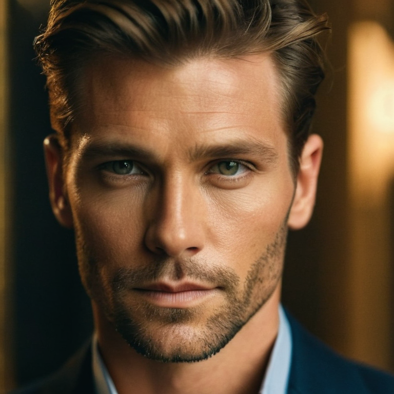 front shot, actor photo of a Vogue beautiful man  looks at viewer, cinematic shot