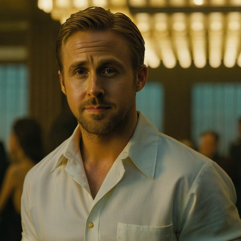 front shot, actor photo of a ryan gosling  looks at viewer, cinematic shot