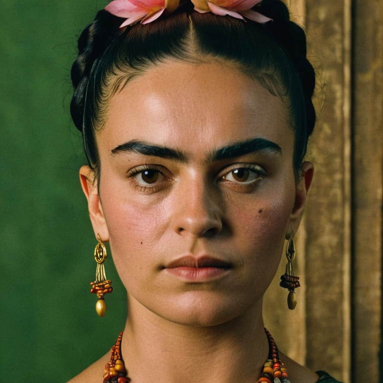 front shot, actor photo of a woman who looks like frida kahlo  looks at viewer, cinematic shot