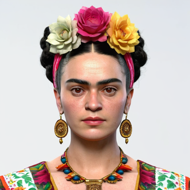 white background, front shot studio 3D render of woman who looks like frida kahlo  looks at viewer, cinematic shot