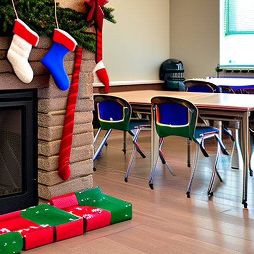 brick fireplace with christmas stockings in school classroom with desks and chairs
