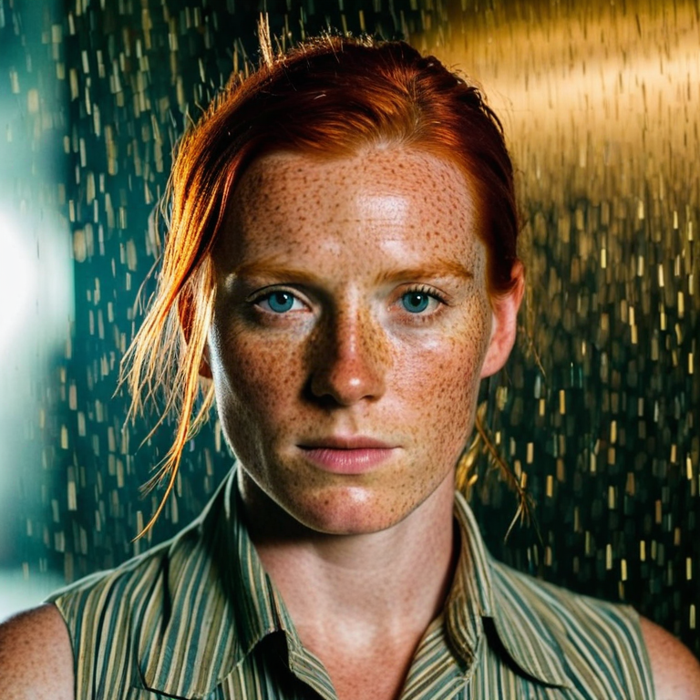 front shot, actor photo of a red hair freckles  looks at viewer, cinematic shot
