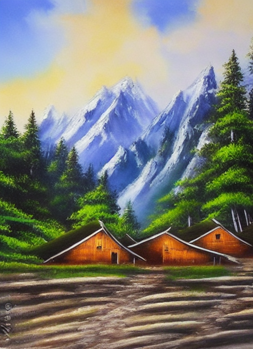 Painting of landscape with mountains by bob ross