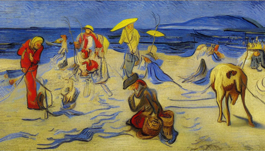 People at the beach with big red dog by Vincent van Gogh by Rembrandt by Picasso