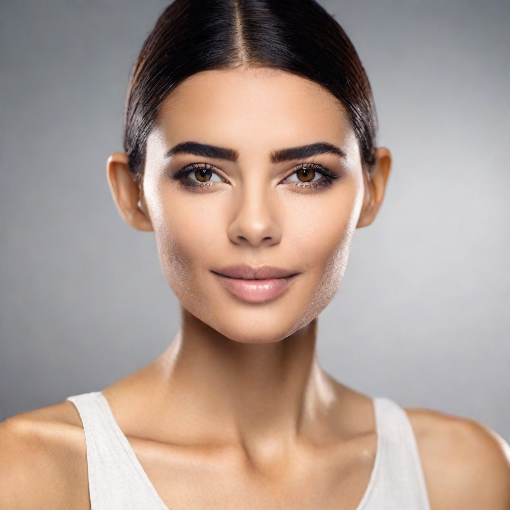 front shot, photo of a sleek, modern figure with soft, welcoming features—friendly eyes that convey warmth and underst