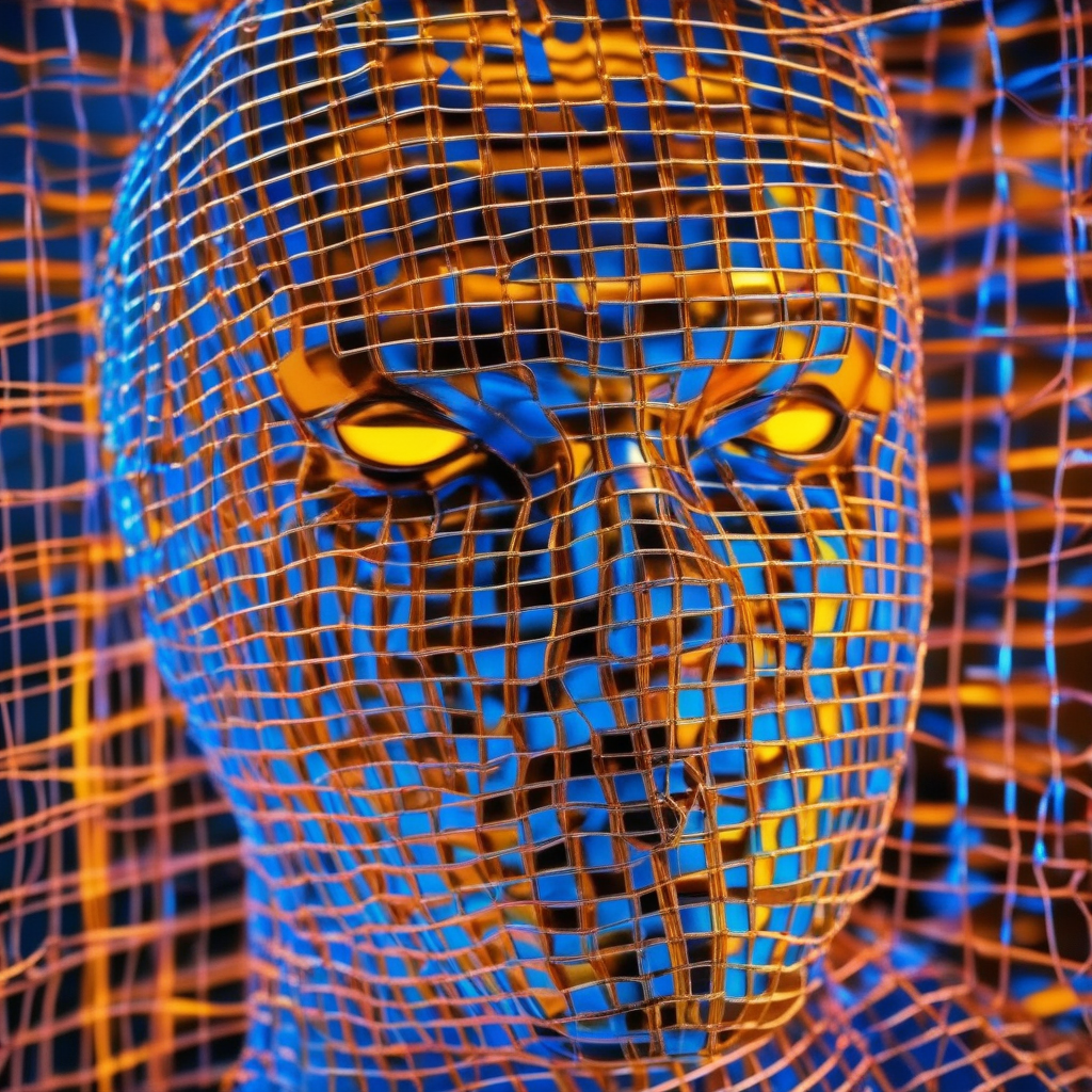 glowing blue metal grid mask, realistic, HD color photograph