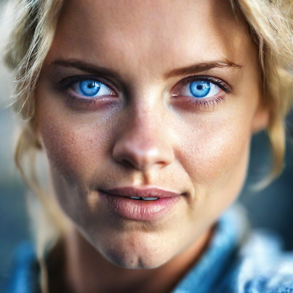 front shot, photo of a woman with blue eyes looks at viewer, cinematic shot, realistic, HD color photograph