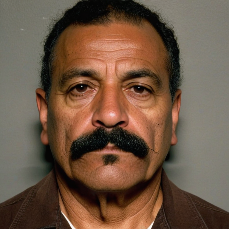 front shot, mugshot photo of a Latino 55 yo moustache  looks at viewer, cinematic shot