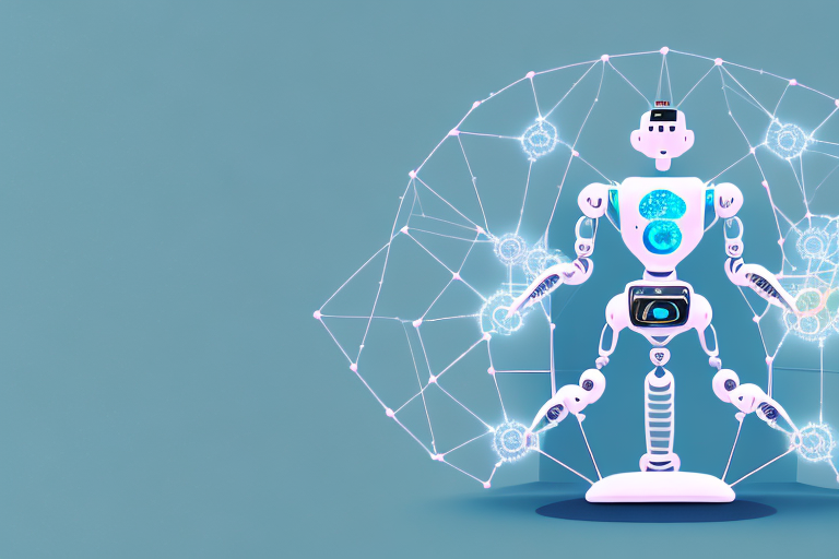 a robotic figure surrounded by a network of interconnected nodes, hand-drawn abstract illustration for a company blog, in style of corporate memphis, faded colors, white background, professional, minimalist, clean lines