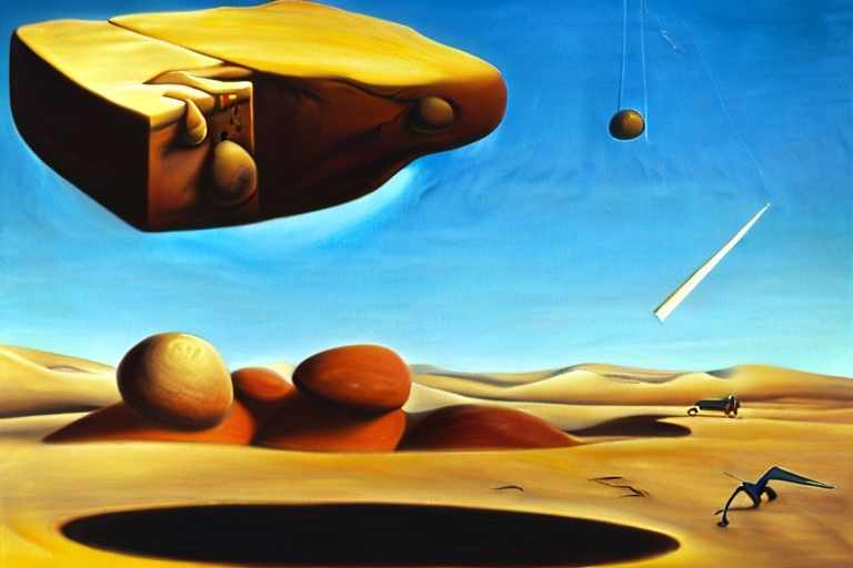 An AI generated image representing "Generate a captivating dreamscape with surreal elements, such as melting clocks and levitating boulders, set against a desert backdrop with a calm sky, reminiscent of Salvador Dalí's "The Persistence of Memory.""