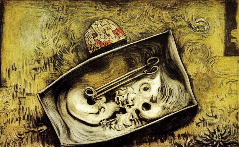 A bone in a grave
 by Picasso by Rembrandt by Vincent van Gogh by Rene Magritte surrealist by Gustav Klimt by da Vinci b