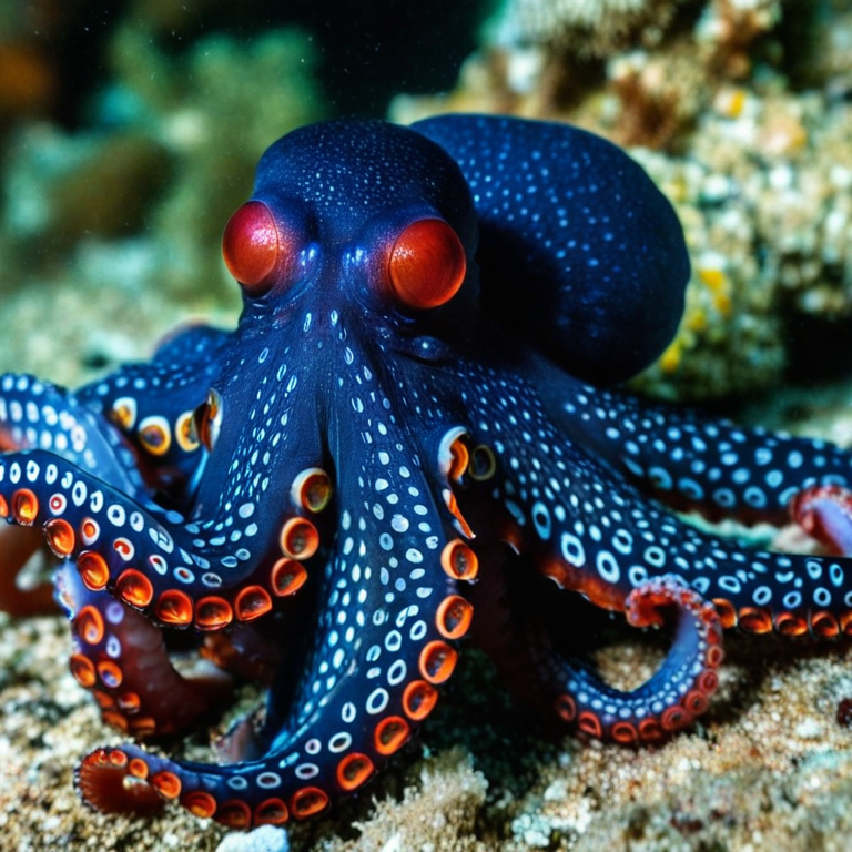 front shot,  photo of a fully red octopus  looks at viewer, cinematic shot