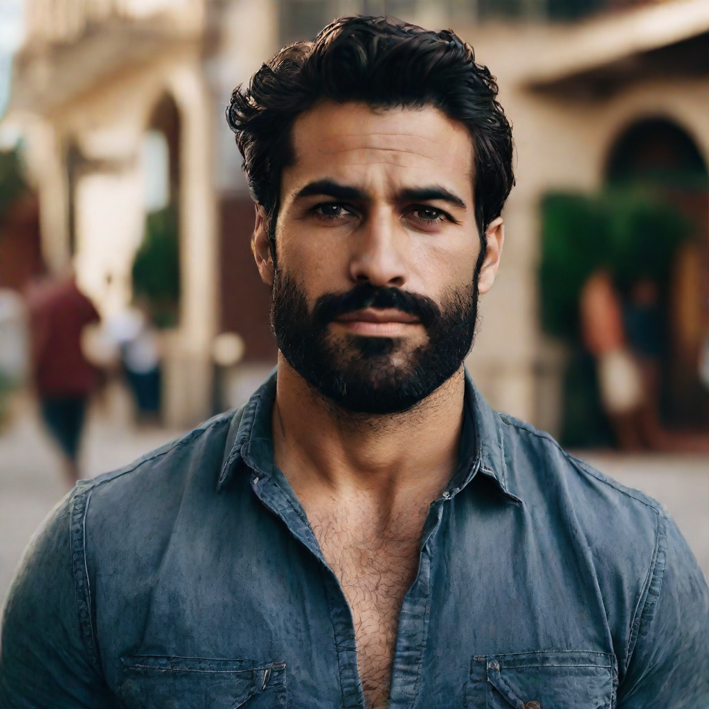 front shot, photo of 30 yo Hispanic man, strong jawline, large nose  looks at viewer, cinematic shot