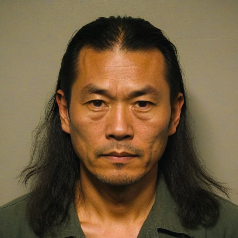 front shot, mugshot photo of a Asian Man early 40s, long hair  looks at viewer, cinematic shot