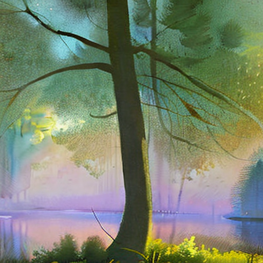 AI generated art representing "Produce a tranquil watercolor painting depicting a dense, misty forest with towering trees, soft sunlight filtering through the foliage, and a delicate color palette of greens and blues, similar to J.M.W. Turner's "The Fighting Temeraire.""