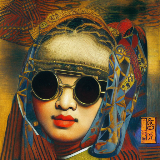 young Asian lady with cool glasses  by Rembrandt by Vincent Van Gogh by Rene Magritte surrealist by Picasso by Gustav Kl