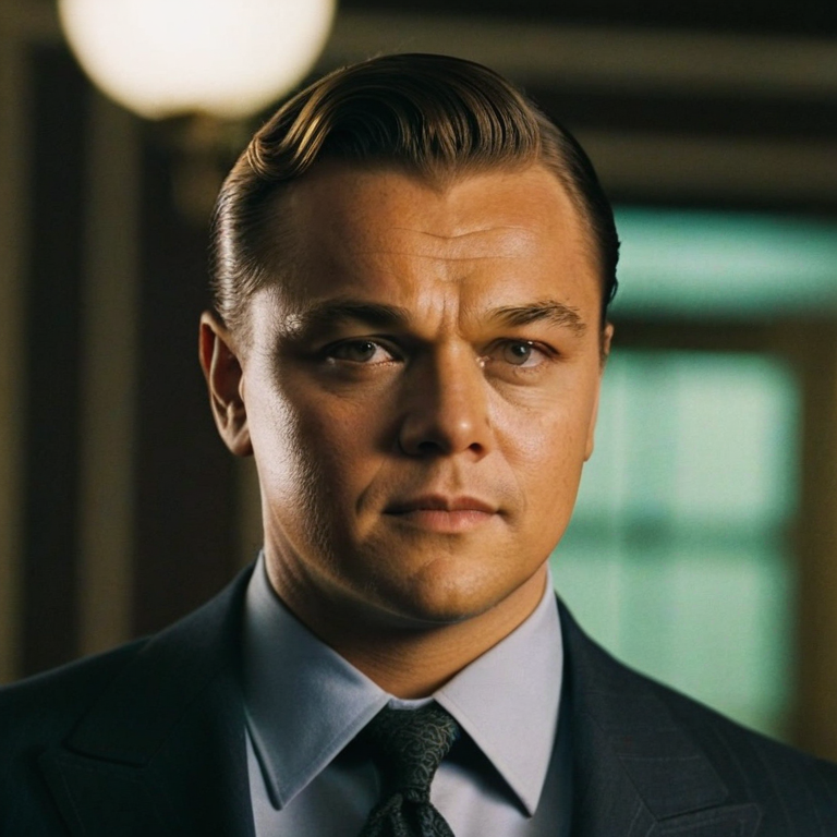 front shot, actor photo of a Leo di caprio  looks at viewer, cinematic shot