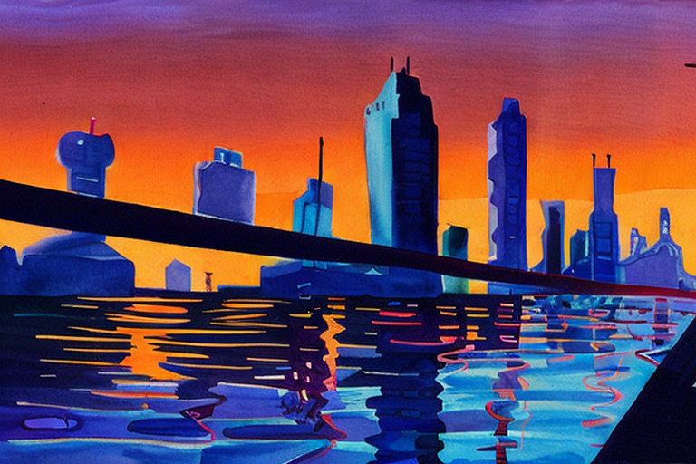 AI generated art representing "Create a striking watercolor painting of a cityscape at dusk, showcasing the vibrant reflections of city lights on a river or harbor, with a color palette of deep blues, purples, and warm oranges and yellows."