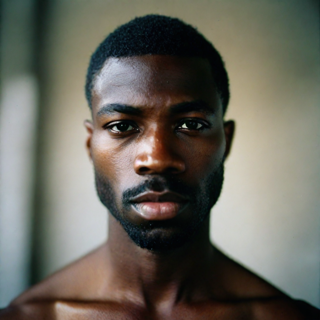 front shot, photo of Black man approx 27 years old, strong jaw line, thin nose  looks at viewer, cinematic shot