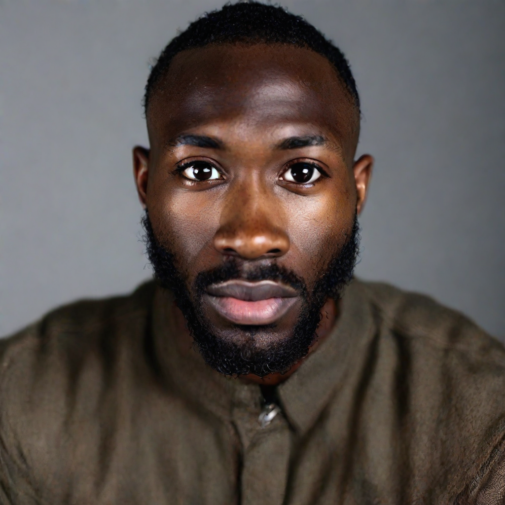 front shot, photo of Black man 5,8” 24 yo, strong jawline, large eyes  looks at viewer, cinematic shot