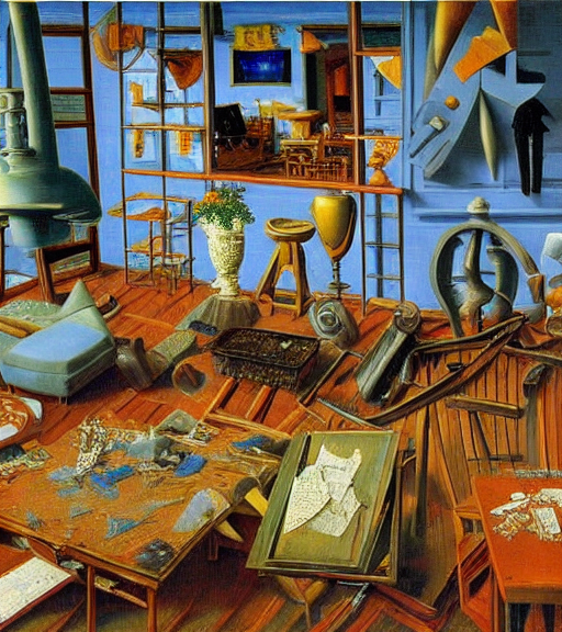 messy living room junkyard by Rene Magritte surrealist