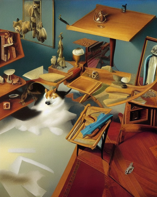 Corgi in a messy living room by Salvador Dali by Rene Magritte surrealist