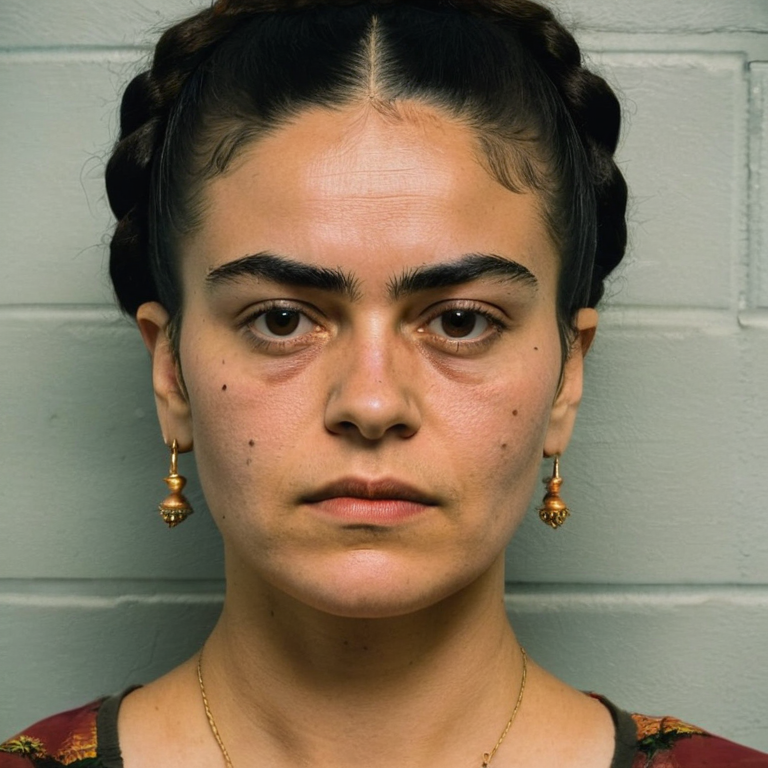 front shot, mugshot photo of a woman who looks like frida kahlo  looks at viewer, cinematic shot