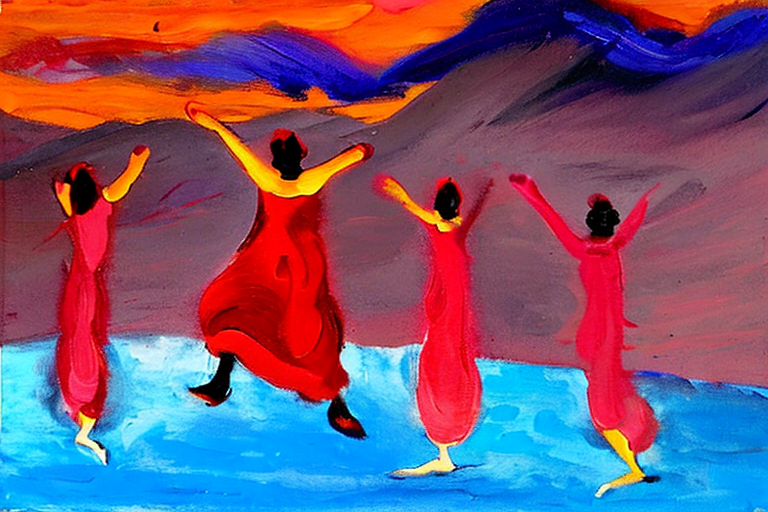 An AI generated image representing "Dance Around the Golden Calf by Emil Nolde, dancing on the beach, sunset"