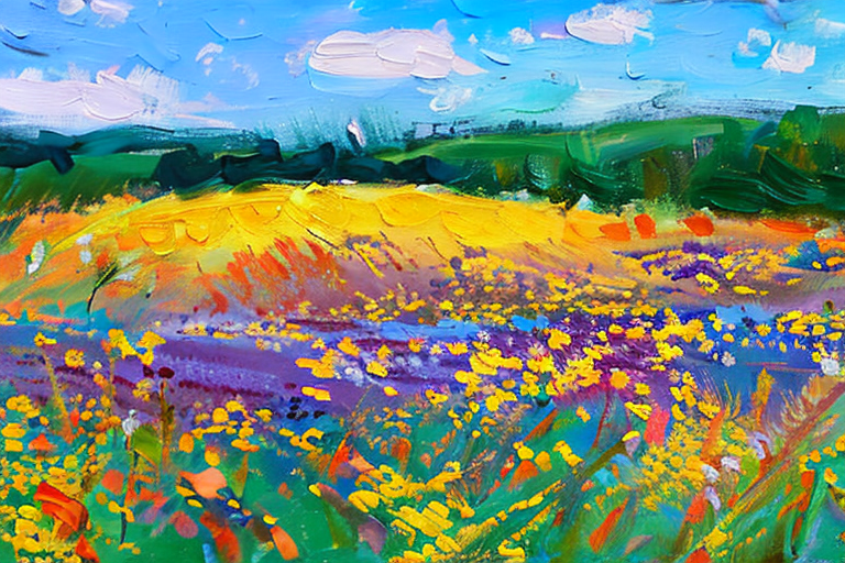 AI generated art representing "A vibrant painting depicting a field of wildflowers on a warm summer day. The colors are bright and cheerful, with shades of yellow, orange, pink, and purple. The composition is balanced, with the wildflowers spread throughout the canvas. The brushstrokes are loose and lively, creating a sense of movement and energy. The background is a light blue sky with a few fluffy white clouds, and the overall effect is joyful and uplifting. The painting is suitable for framing and would look great in any room of the house."