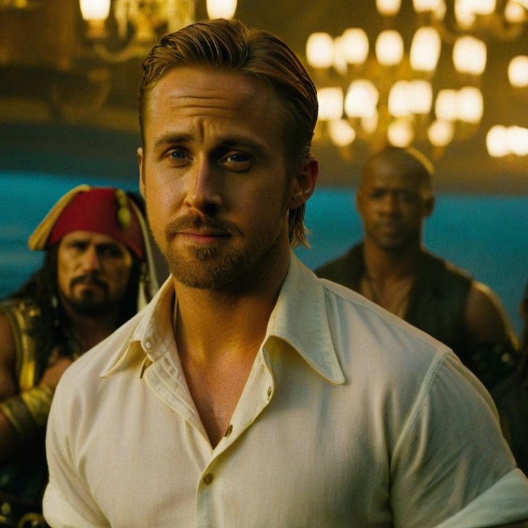 front shot, actor photo of a ryan gosling and Johnny pirate  looks at viewer, cinematic shot