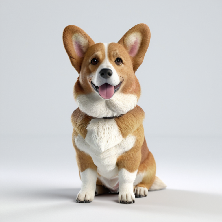white background, front shot studio 3D render of corgi, cinematic shot