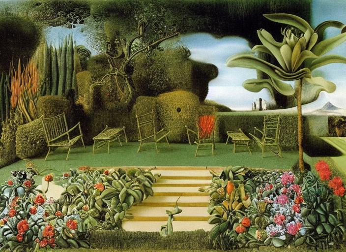 Patio chairs and tables by a manicured garden path  by da Vinci by Salvador Dali by Frida Kahlo