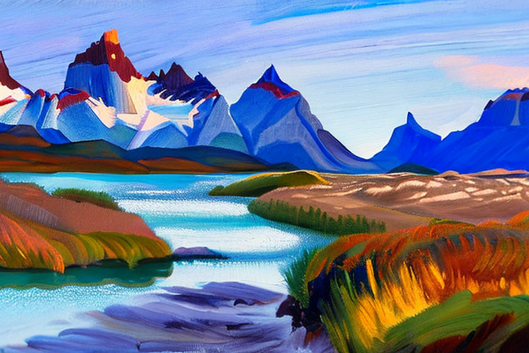 AI generated art representing "The Cordillera del Paine in Chile is a stunning sight during the summer, with soft lighting, gentle shadows, and a subtle mix of warm and cool colours."