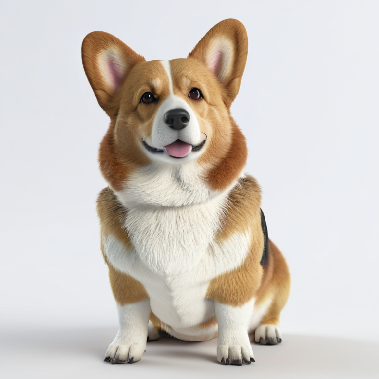 white background, front shot studio 3D render of corgi, cinematic shot