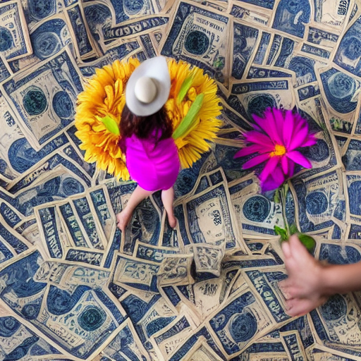 A person standing on a lot of cash next to a giant flower
