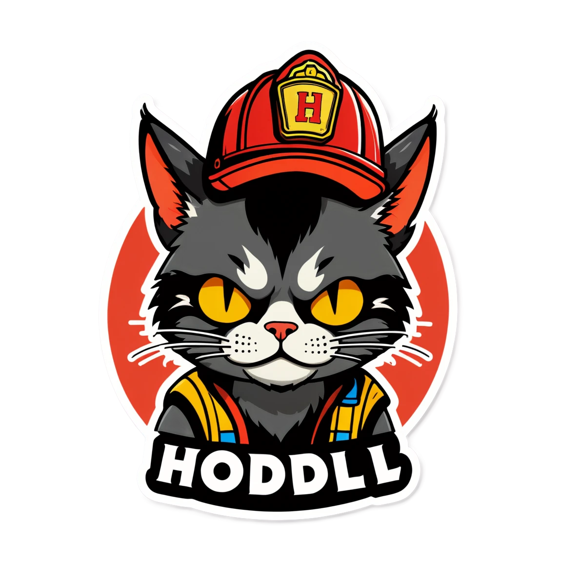 Text "Hodl" scar on the face, with horns, wearing a hat, with tattoos on the face, with glasses cat stickers firefighter stickers