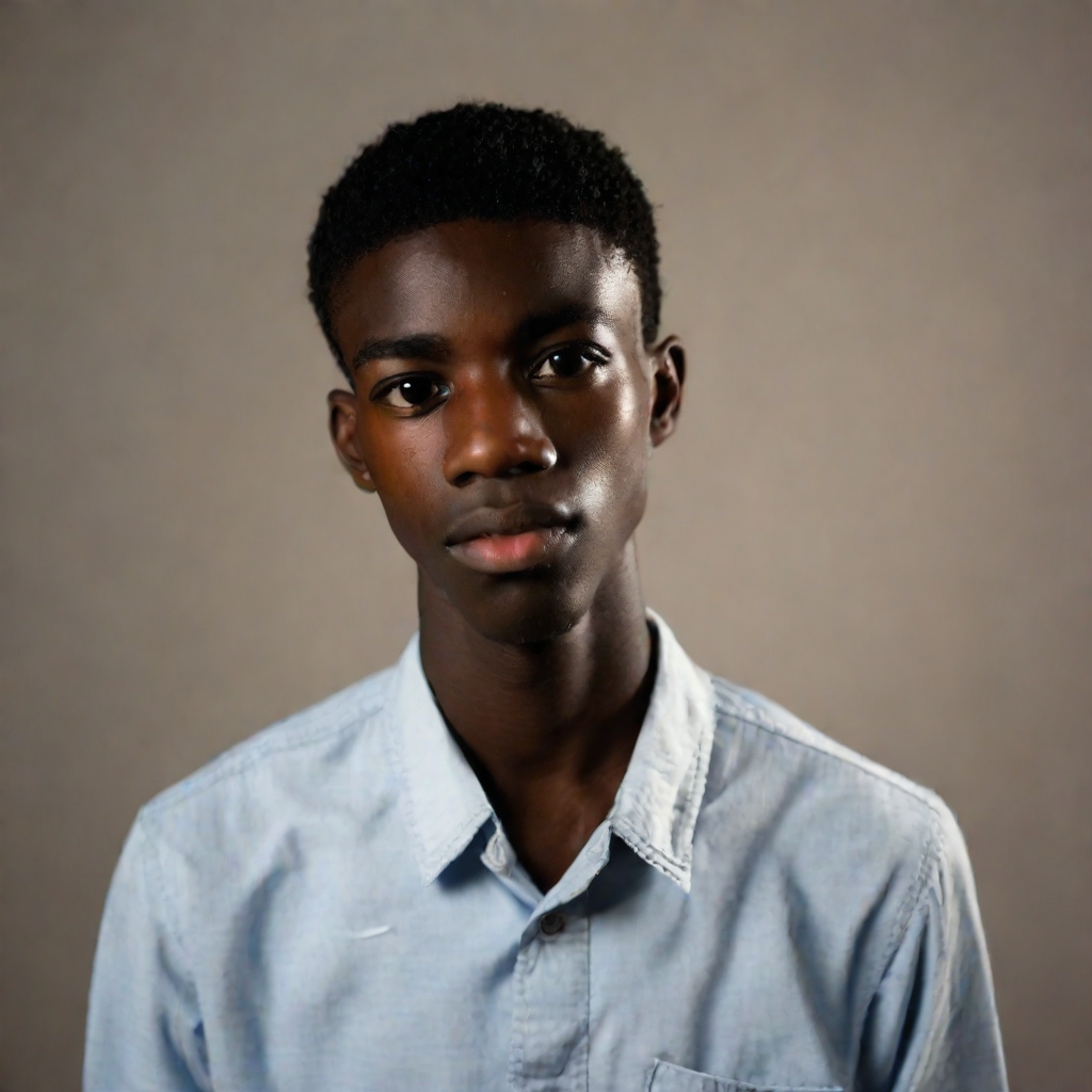 front shot, photo of Black male, skinny, approximately 5’8”, high school age 17  looks at viewer, cinematic shot