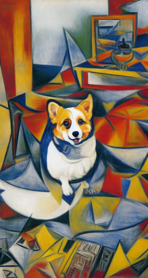 Corgi in messy living room by Picasso