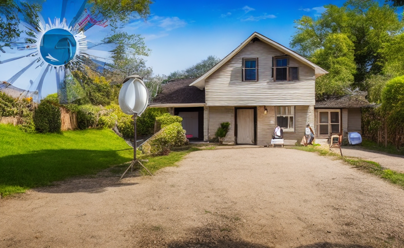 A happy person standing in front of a house on a sunny day