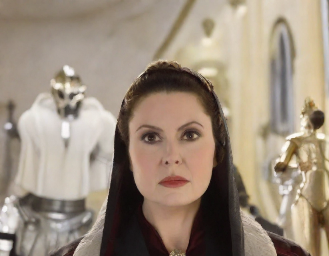 front shot, photo of queen amidala looks at viewer, cinematic shot