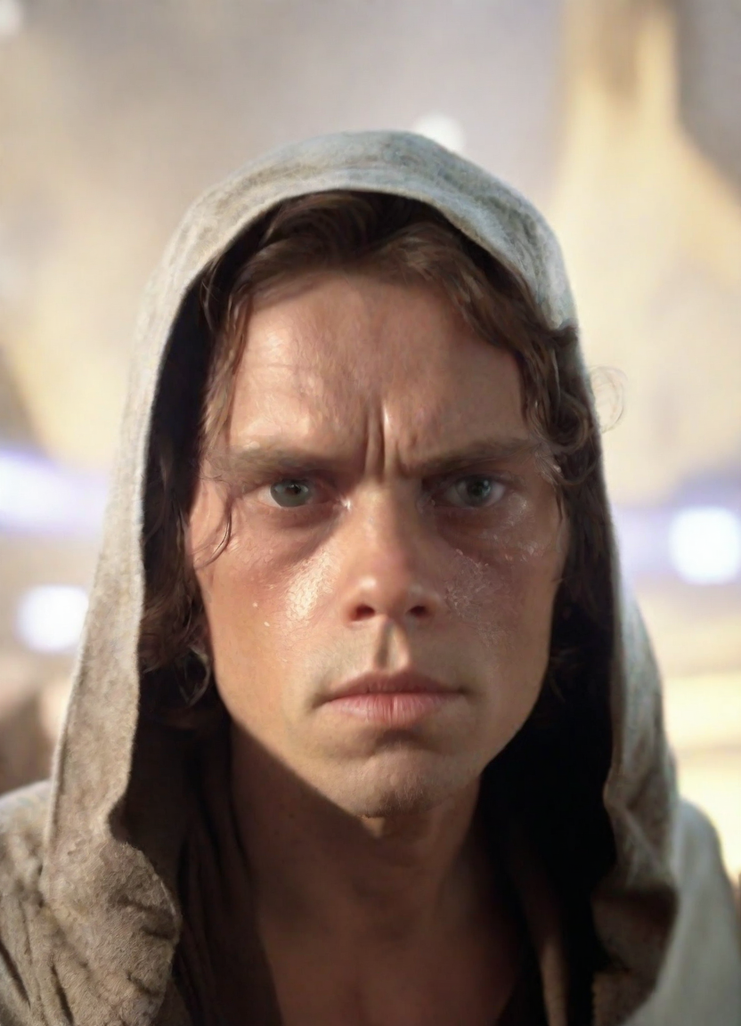 front shot, photo of Anikin Skywalker looks at viewer, cinematic shot