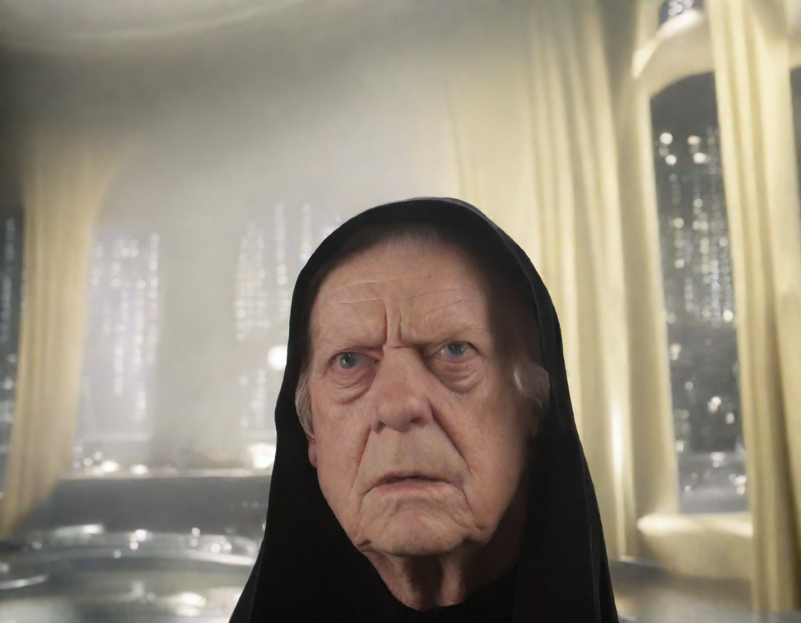 front shot, photo of emperor palpatine looks at viewer, cinematic shot