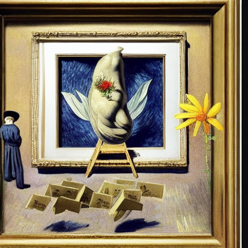 A person standing on top of a lot of money next to a large flower by Rene Magritte surrealist by Vincent van Gogh by Rem