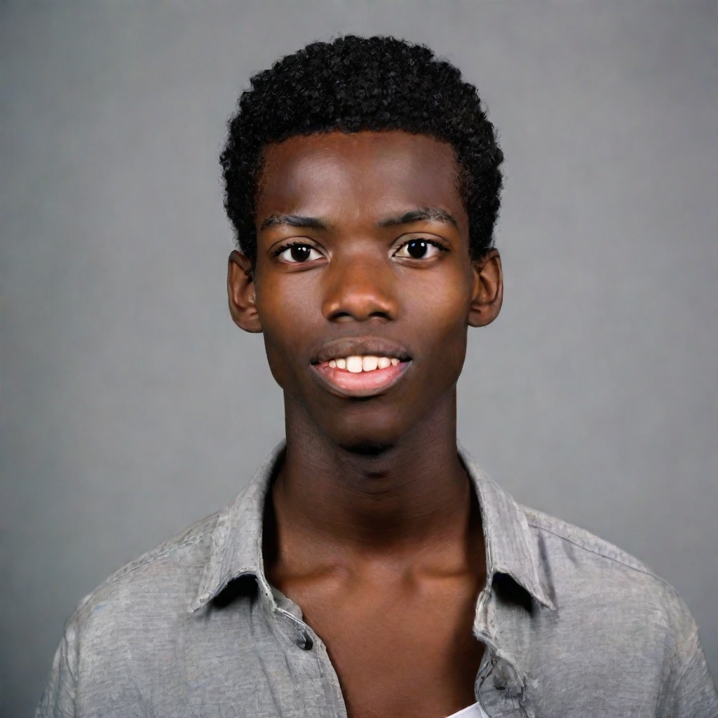 front shot, photo of Black male, skinny, approximately 5’8”, high school age.  looks at viewer, cinematic shot